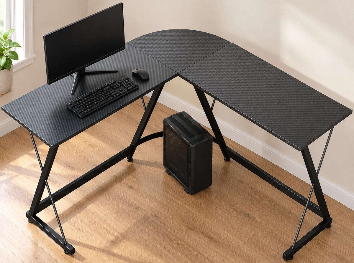 Bureau gaming d’angle en L avec ordinateur, sans personne – équipement non inclus