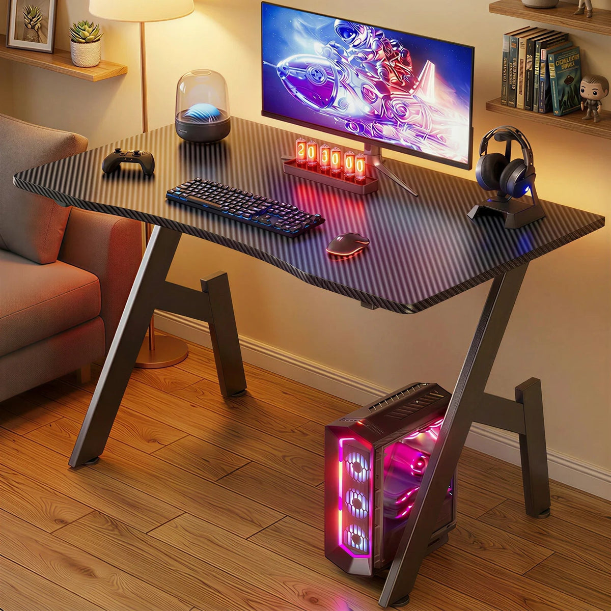 Bureau gaming avec porte-gobelet et support casque – 80 à 140 cm – mise en situation avec PC non inclus