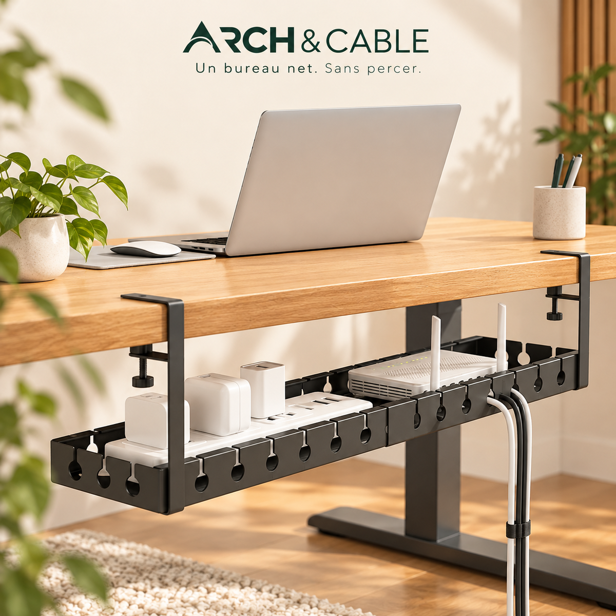 Goulotte extensible à pince Arch & Cable sous un bureau — fixation sans perçage