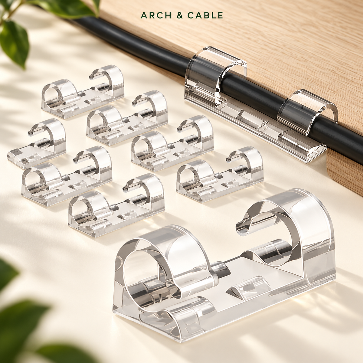 Clips range-câbles adhésifs – 16 à 40 pièces — présentation du produit dans un décor crème et bois.