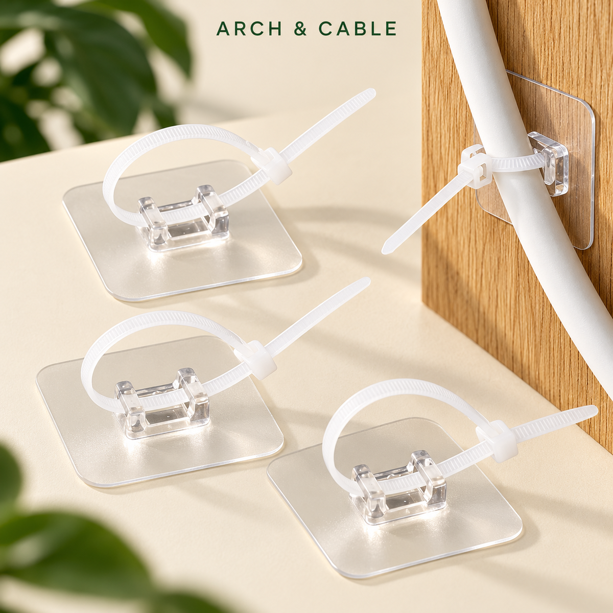 Supports adhésifs pour serre-câbles – 10 à 50 pièces — présentation du produit dans un décor crème et bois.