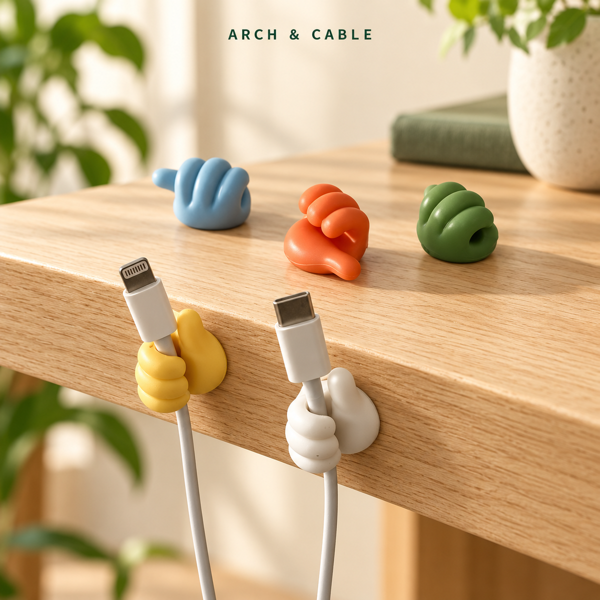 Clips range-câbles adhésifs forme pouce – Pack de 10 — vue du produit dans un décor crème et bois.