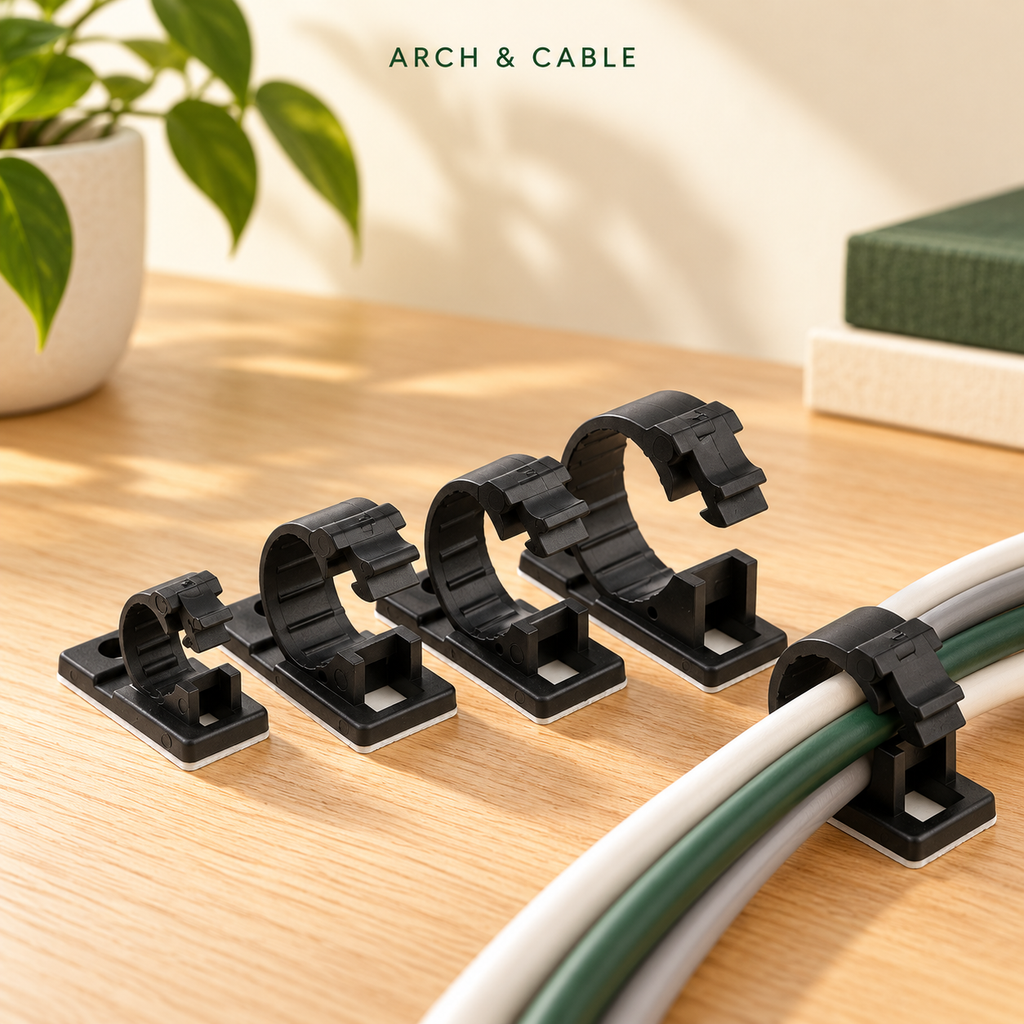 Clips range-câbles réglables – Pack de 10 — vue du produit dans un décor crème et bois.