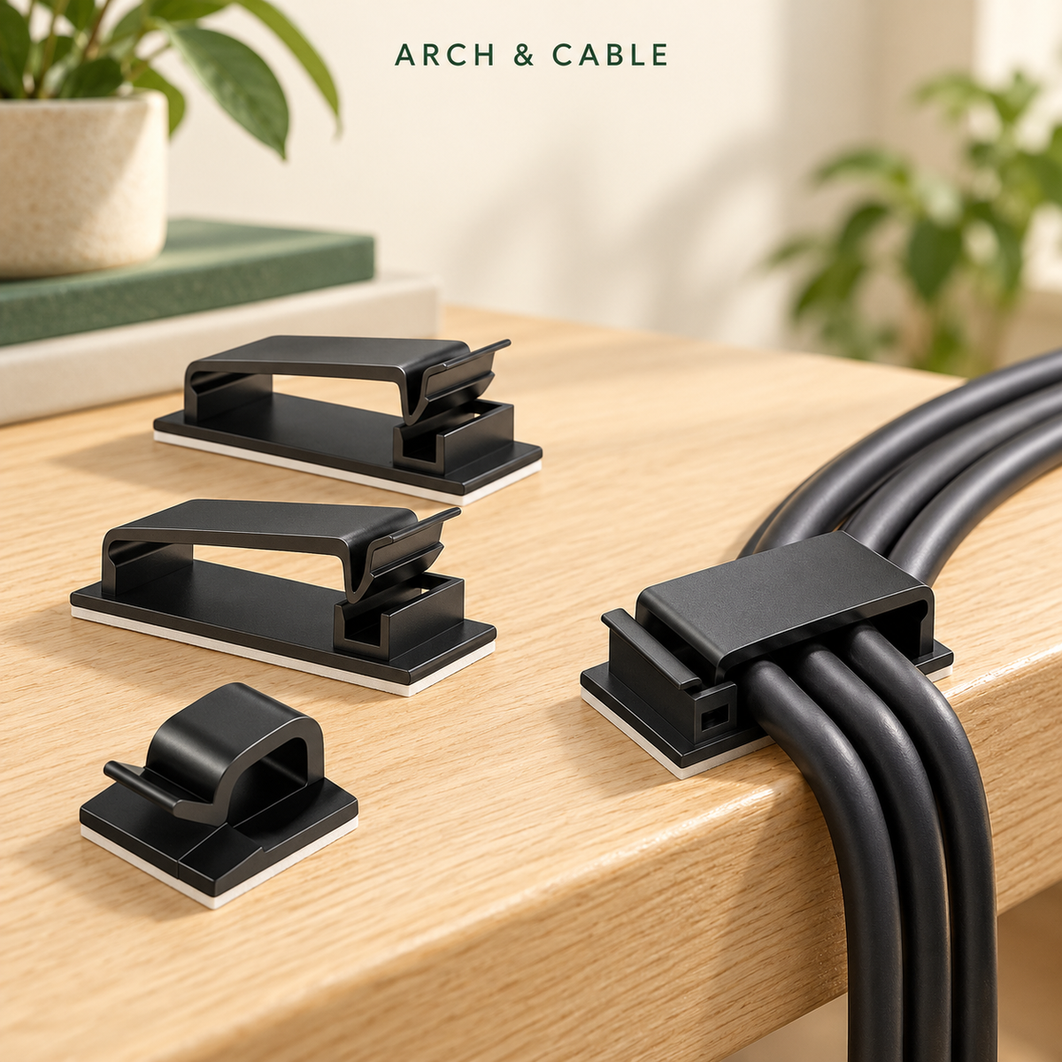 Clips adhésifs compacts pour câbles — vue du produit dans un décor crème et bois.