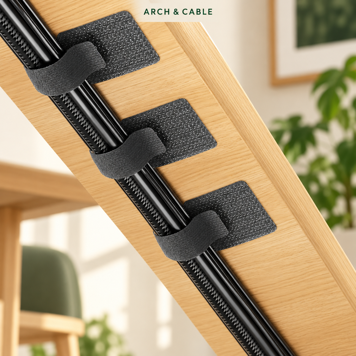 Attaches câbles réutilisables adhésives – 1 à 40 pièces — vue du produit dans un décor crème et bois.