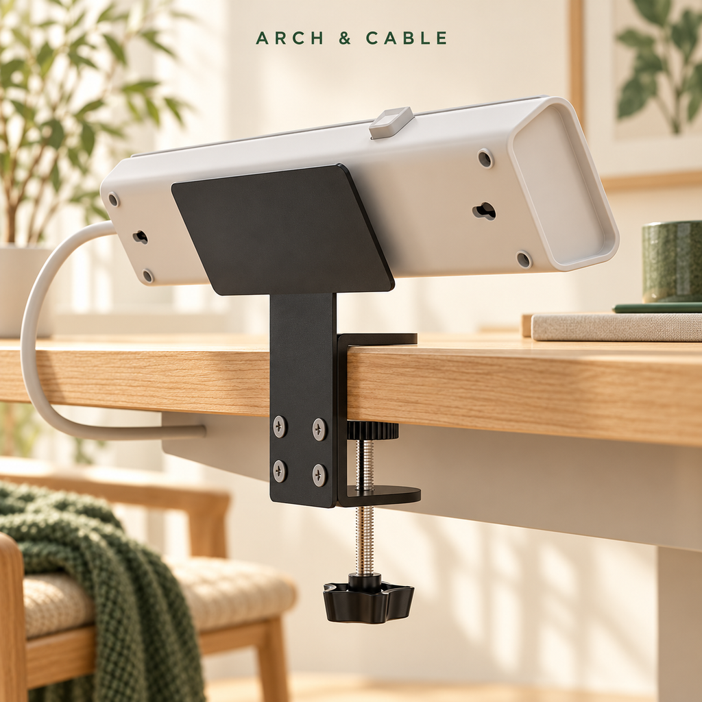 Support multiprise métal sous bureau – Sans perçage — vue du produit installé sur un bureau en bois.