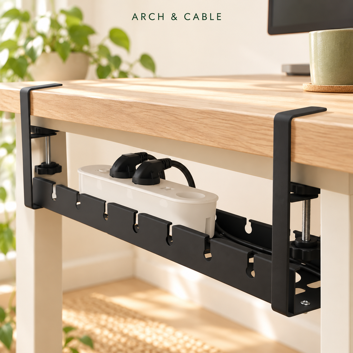 Goulotte extensible renforcée sous bureau – Métal — vue du produit installé sur un bureau en bois.