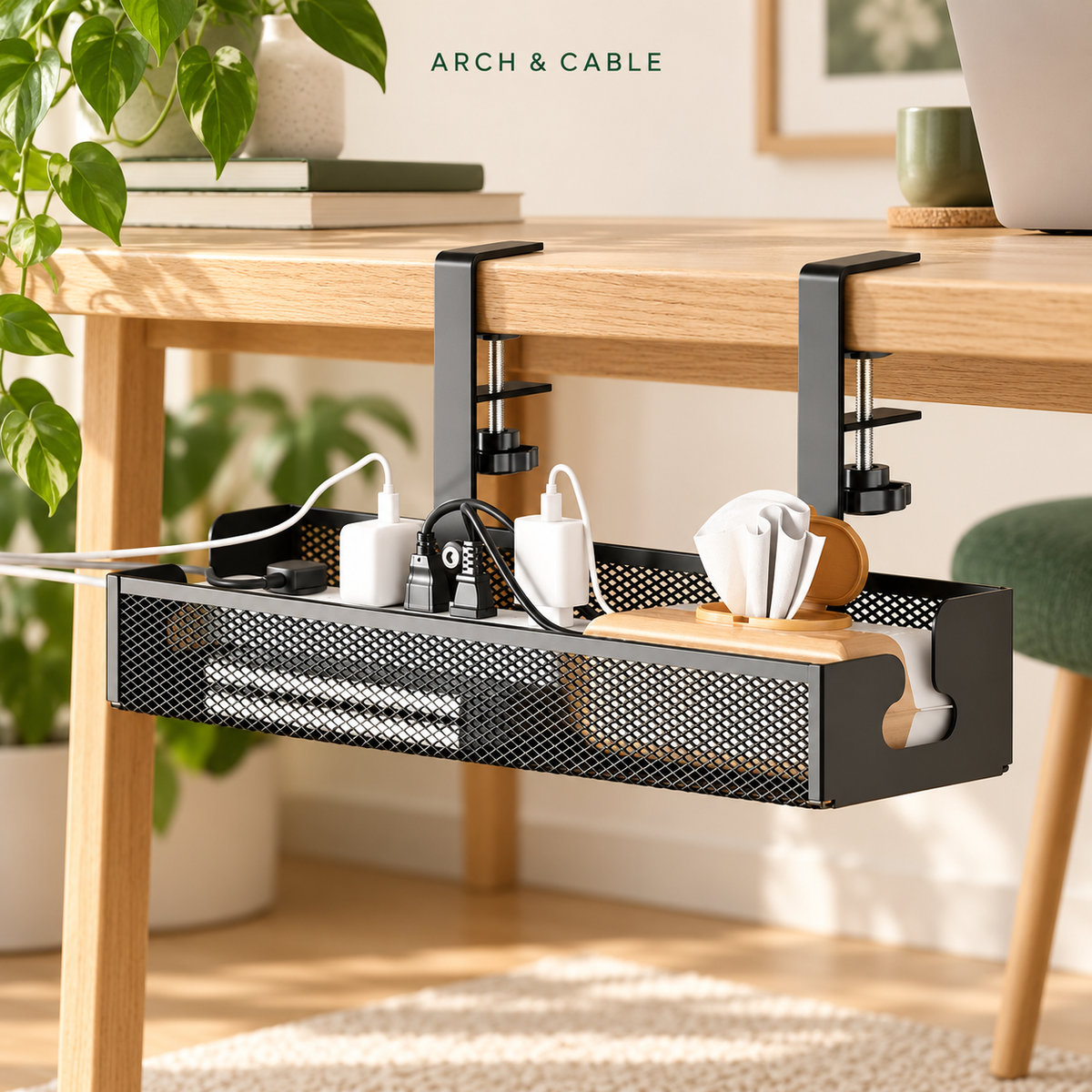 Goulotte métal à pince – 34 ou 40 cm, sans perçage — présentation du produit dans un décor crème et bois.