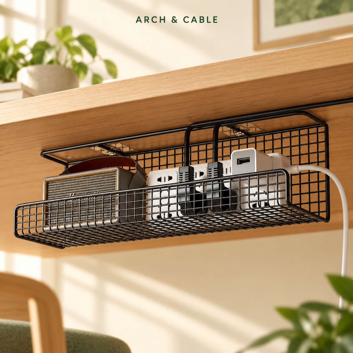 Goulotte sous bureau pour multiprise – 1 ou 2 niveaux — présentation du produit dans un décor crème et bois.