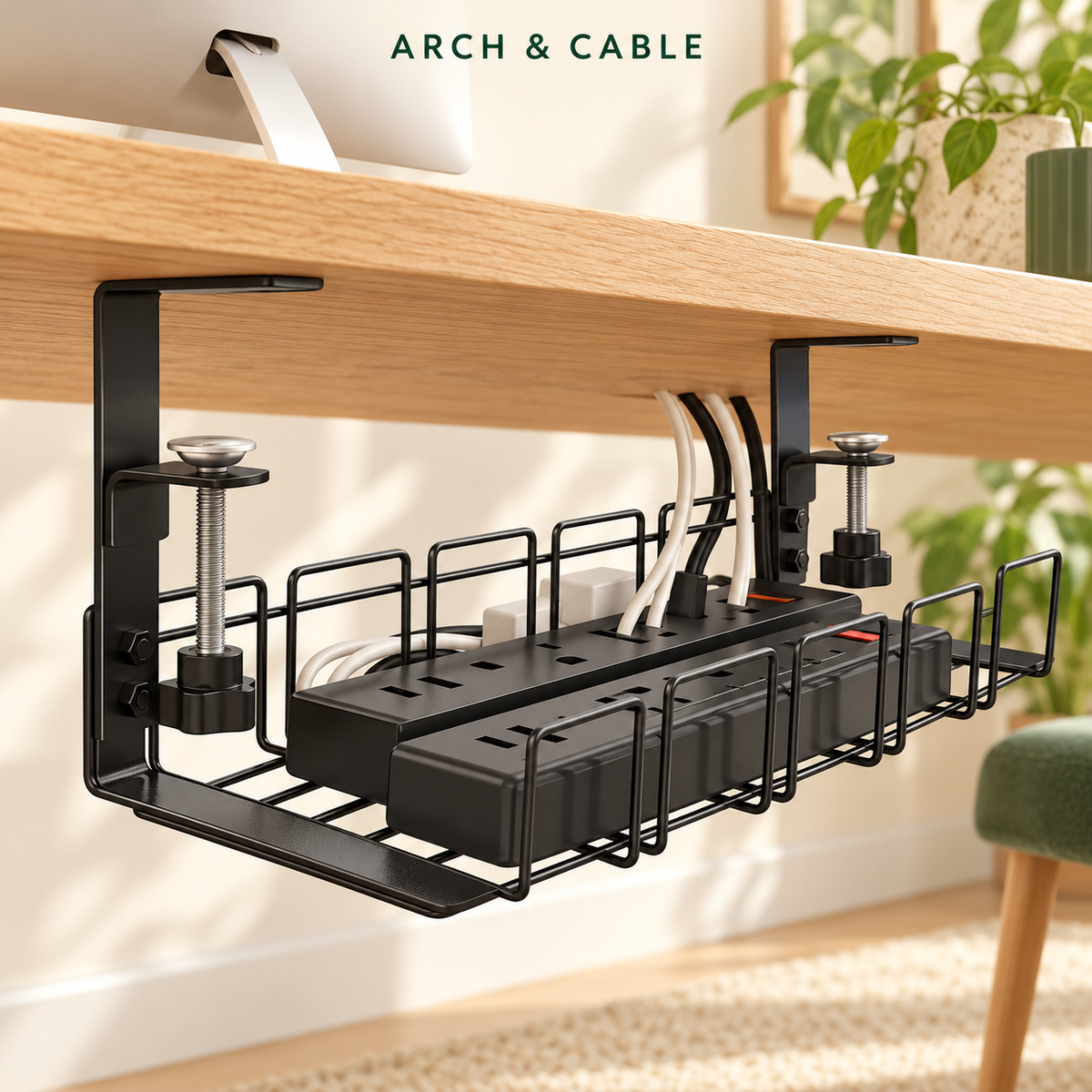 Goulotte métal 40 cm à pince – Sans perçage — présentation du produit dans un décor crème et bois.