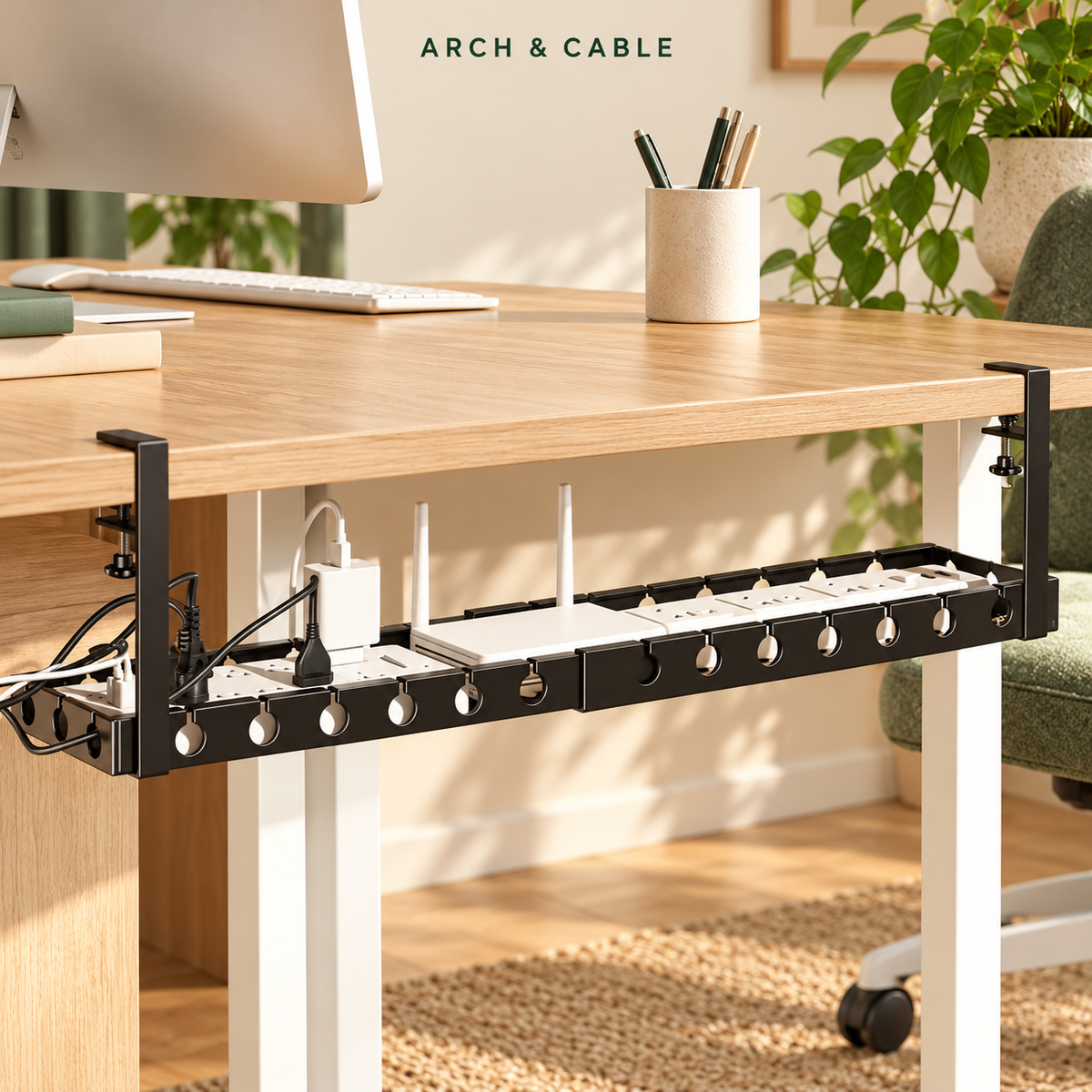 Kit goulotte sous bureau à pince – Sans perçage — présentation du produit dans un décor crème et bois.